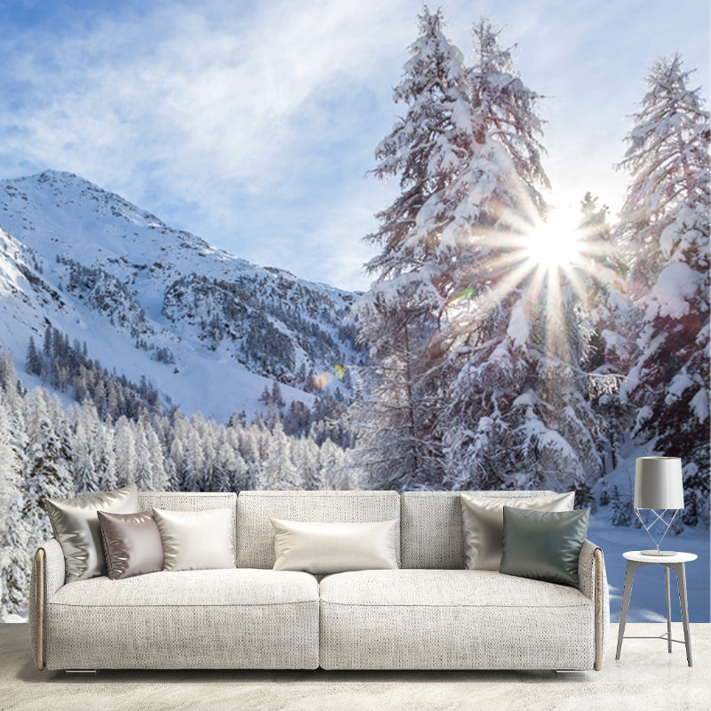 Blue Sky Snow Forest Mural Decal Stain-Resistant Modernist Living Room Wall Covering Blue Clearhalo 'Wall Decor' 'Wall Mural' 1502359