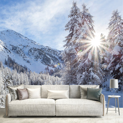 Blue Sky Snow Forest Mural Decal Stain-Resistant Modernist Living Room Wall Covering Blue Clearhalo 'Wall Decor' 'Wall Mural' 1502359