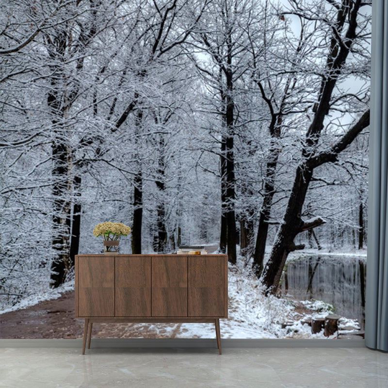 Lake Reflection Snowy Tree Mural Wallpaper Grey Modern Wall Covering for Bedroom Grey Clearhalo 'Wall Decor' 'Wall Mural' 1502553