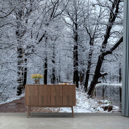 Lake Reflection Snowy Tree Mural Wallpaper Grey Modern Wall Covering for Bedroom Grey Clearhalo 'Wall Decor' 'Wall Mural' 1502553