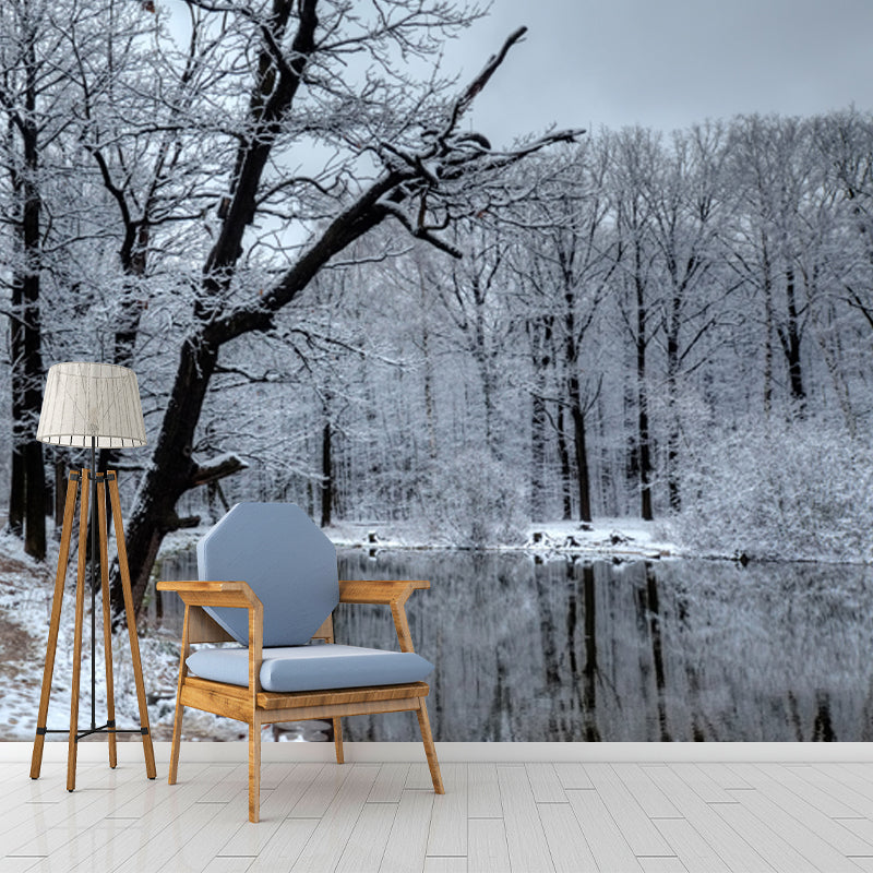 Lake Reflection Snowy Tree Mural Wallpaper Grey Modern Wall Covering for Bedroom Clearhalo 'Wall Decor' 'Wall Mural' 1502554
