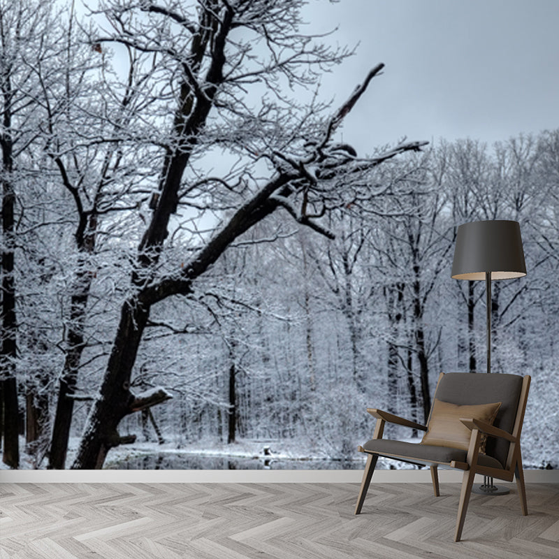 Lake Reflection Snowy Tree Mural Wallpaper Grey Modern Wall Covering for Bedroom Clearhalo 'Wall Decor' 'Wall Mural' 1502555