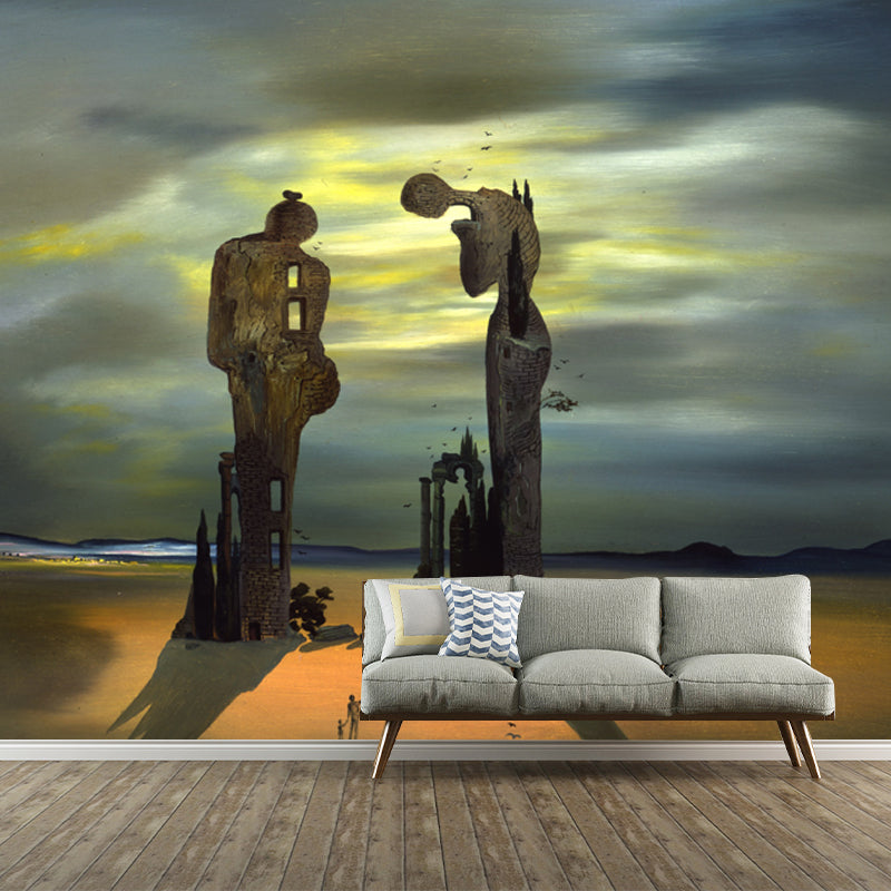 Large Surrealism Wallpaper Mural Brown Archeological Reminiscence Millets Angelus Wall Covering, Custom Size Brown Clearhalo 'Wall Decor' 'Wall Mural' 1502568