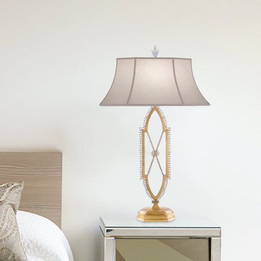 1 Bulb Flared Table Light Traditional Gold/Silver Fabric Shade Nightstand Lamp with X-Shape Crystal Base Gold Clearhalo 'Lamps' 'Table Lamps' Lighting' 1502780
