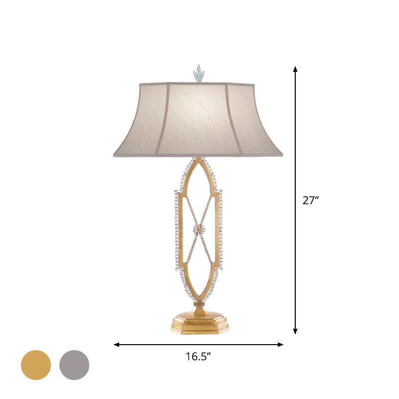 1 Bulb Flared Table Light Traditional Gold/Silver Fabric Shade Nightstand Lamp with X-Shape Crystal Base Clearhalo 'Lamps' 'Table Lamps' Lighting' 1502783