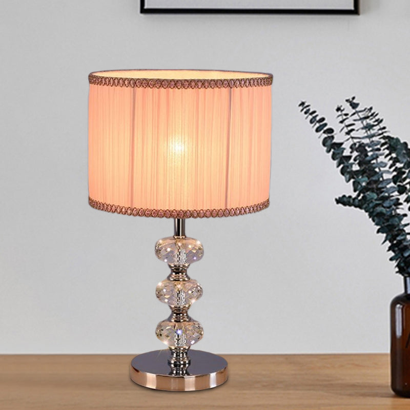 Traditional Barrel Nightstand Lighting 1-Light Fabric Reading Lamp in Black/Silver/Gold with Crystal Column Pink Clearhalo 'Lamps' 'Table Lamps' Lighting' 1502801