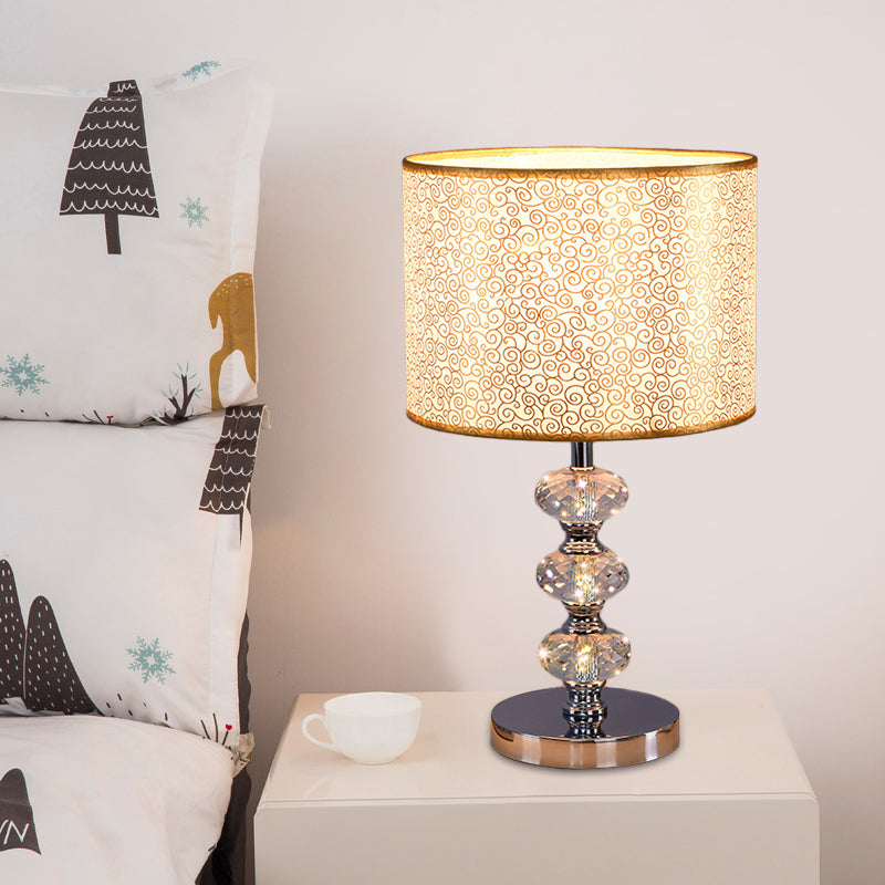 Traditional Barrel Nightstand Lighting 1-Light Fabric Reading Lamp in Black/Silver/Gold with Crystal Column Clearhalo 'Lamps' 'Table Lamps' Lighting' 1502807