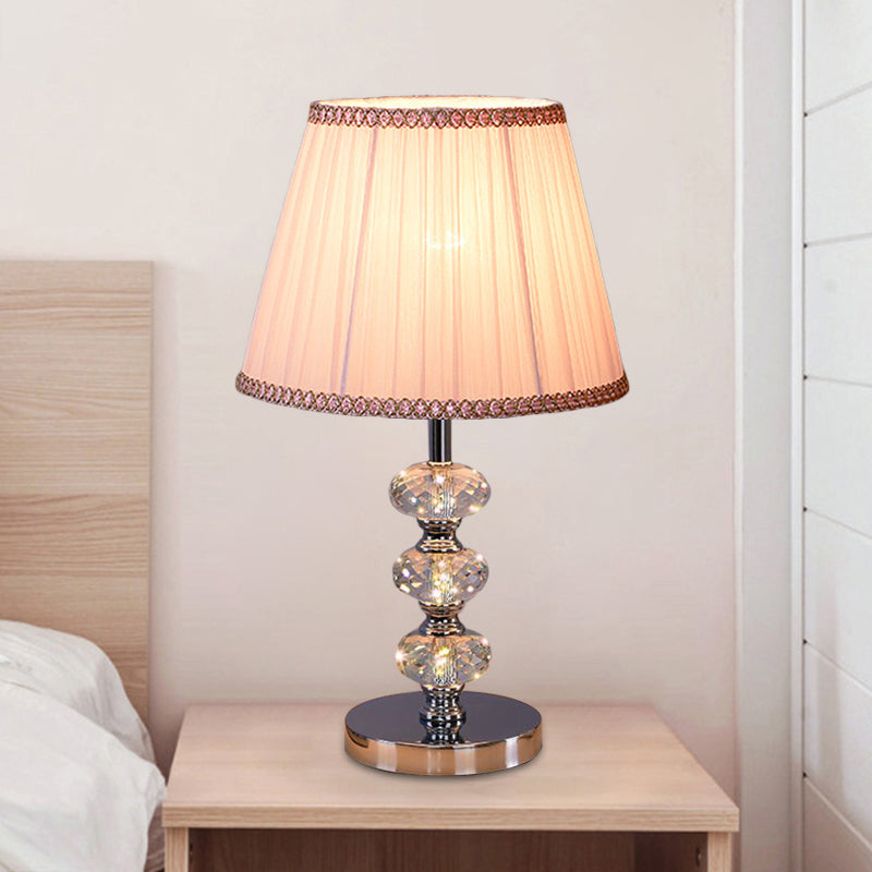 Fabric Cylindrical Shade Study Light Contemporary 1 Head Nightstand Lighting in Silver/Beige/Coffee with Crystal Lamp Post Light Pink Clearhalo 'Lamps' 'Table Lamps' Lighting' 1502815