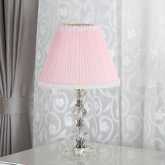 Candlestick Bedroom Desk Light Classic Clear Crystal 1-Head Pink Nightstand Lamp with Scalloped/Tapered Shade Pink B Clearhalo 'Lamps' 'Table Lamps' Lighting' 1502853