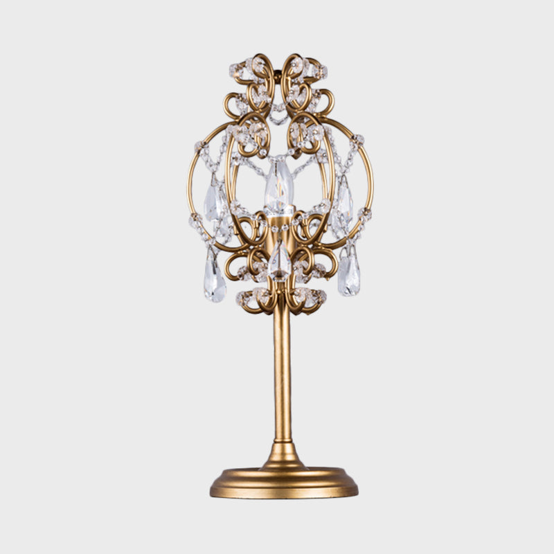 Retro Style Lantern Table Lamp Metal 1-Light Nightstand Lighting in White/Gold with Clear Crystal Drops Clearhalo 'Lamps' 'Table Lamps' Lighting' 1502868