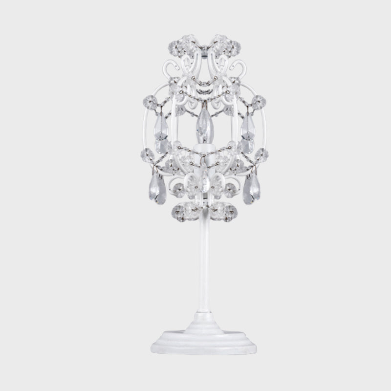 Retro Style Lantern Table Lamp Metal 1-Light Nightstand Lighting in White/Gold with Clear Crystal Drops Clearhalo 'Lamps' 'Table Lamps' Lighting' 1502873