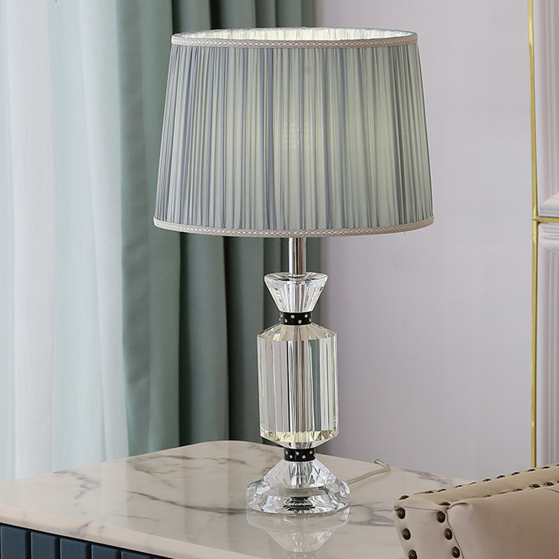 Drum Reading Lighting Rural Style Fabric Shade 1 Head Night Table Lamp in White/Blue with Clear Crystal Base Blue Clearhalo 'Lamps' 'Table Lamps' Lighting' 1502878