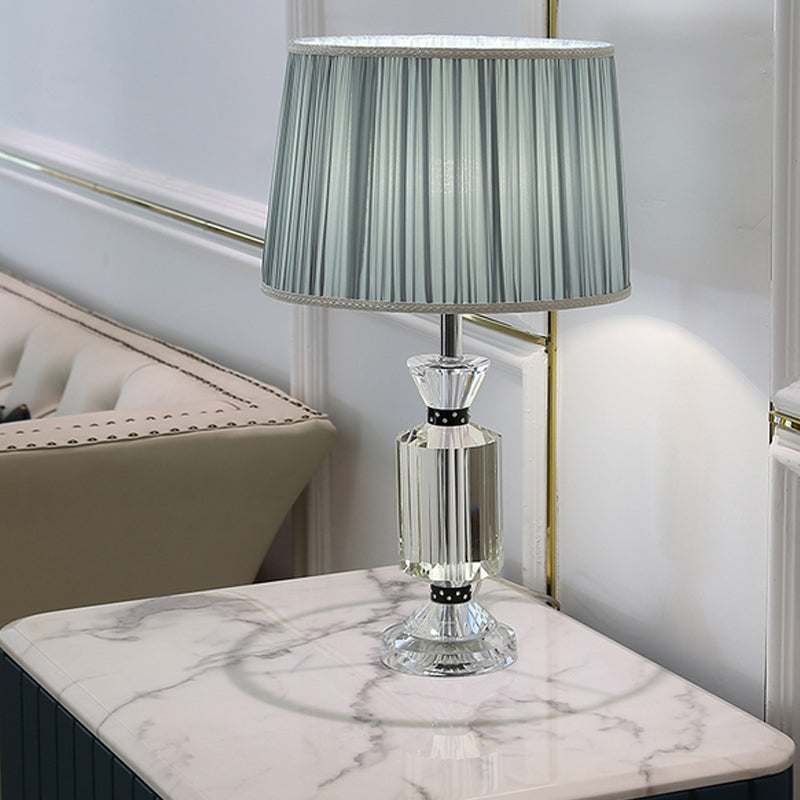 Drum Reading Lighting Rural Style Fabric Shade 1 Head Night Table Lamp in White/Blue with Clear Crystal Base Clearhalo 'Lamps' 'Table Lamps' Lighting' 1502879