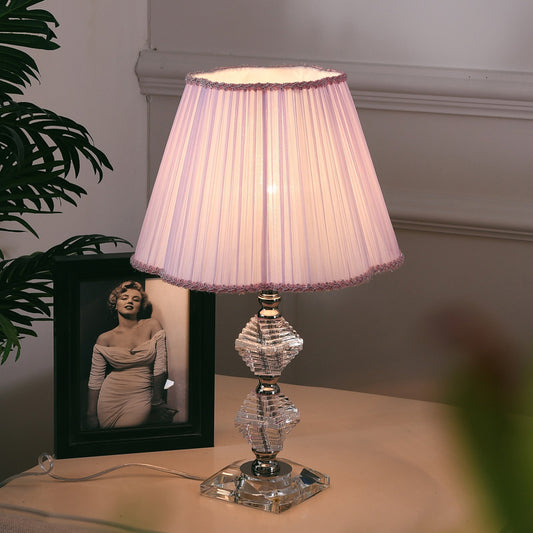 Fabric Flower Shade Reading Lamp Contemporary 1 Light Night Table Lighting in Pink with Clear Crystal Base Clear Clearhalo 'Lamps' 'Table Lamps' Lighting' 1502894