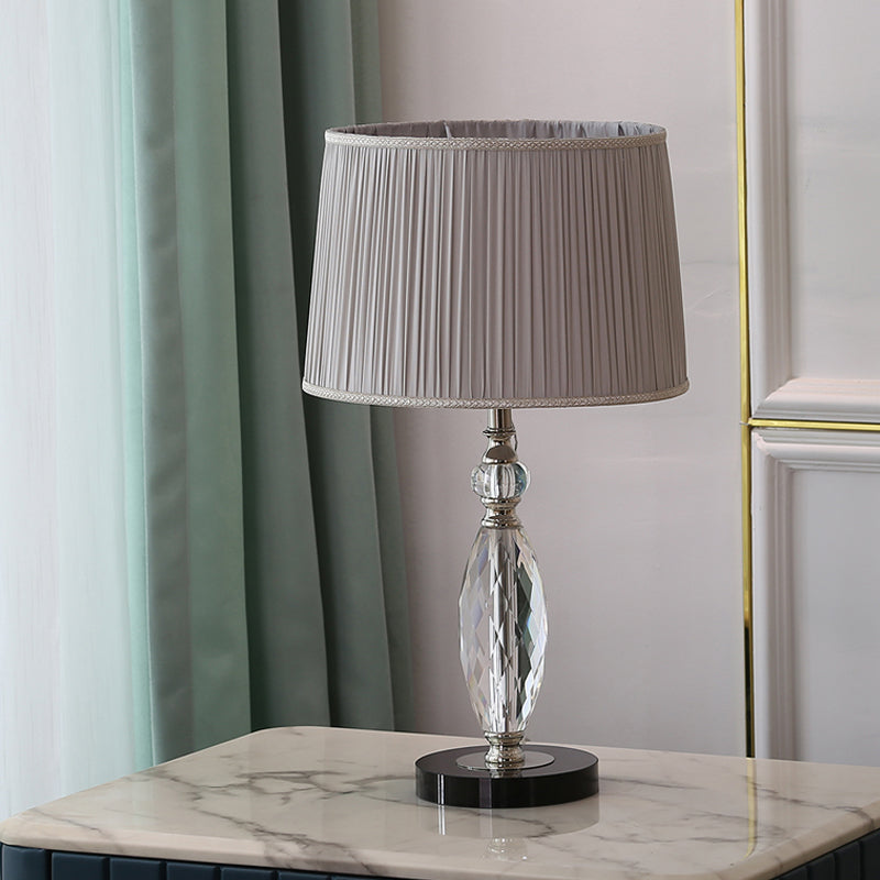 Minimalism 1 Bulb Desk Lamp with Fabric Shade Grey/Blue Drum Nightstand Light with Clear Crystal Base for Parlor Grey Clearhalo 'Lamps' 'Table Lamps' Lighting' 1502902