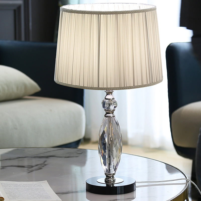 Minimalism 1 Bulb Desk Lamp with Fabric Shade Grey/Blue Drum Nightstand Light with Clear Crystal Base for Parlor Clearhalo 'Lamps' 'Table Lamps' Lighting' 1502903