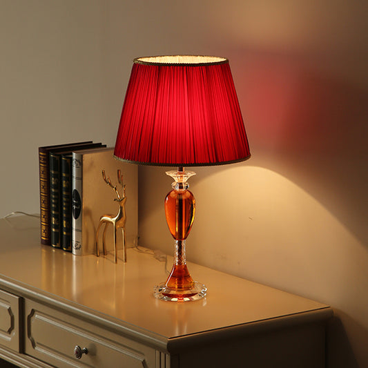 Red Urn Base Night Table Lighting Modernist 1-Head Clear Crystal Reading Lamp with Cone Fabric Shade Clearhalo 'Lamps' 'Table Lamps' Lighting' 1502907