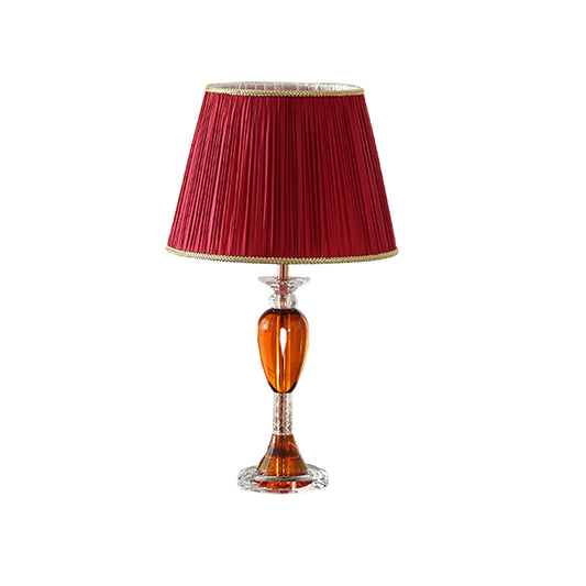 Red Urn Base Night Table Lighting Modernist 1-Head Clear Crystal Reading Lamp with Cone Fabric Shade Clearhalo 'Lamps' 'Table Lamps' Lighting' 1502908