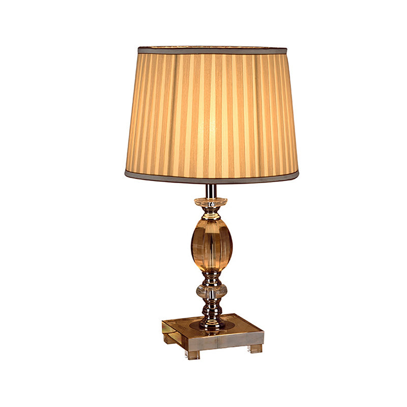 Modernist Font Nightstand Light Clear Crystal 1 Bulb Bedroom Desk Lighting in Beige with Pleated Shade Clearhalo 'Lamps' 'Table Lamps' Lighting' 1502923