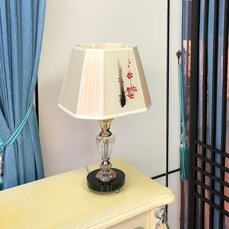 Paneled Bell Bedroom Table Lighting Fabric Shade 1 Light Contemporary Night Lamp with Floral Painting Design Clearhalo 'Lamps' 'Table Lamps' Lighting' 1502927