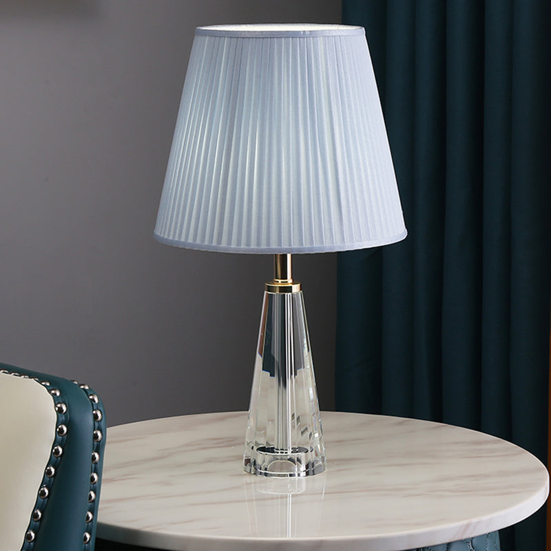 1 Light Conical Desk Lighting Minimalism Clear Crystal Nightstand Lamp in Grey/Pink/Blue with Pleated Shade Clearhalo 'Lamps' 'Table Lamps' Lighting' 1502939