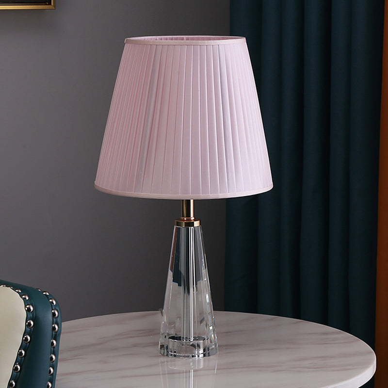 1 Light Conical Desk Lighting Minimalism Clear Crystal Nightstand Lamp in Grey/Pink/Blue with Pleated Shade Pink Clearhalo 'Lamps' 'Table Lamps' Lighting' 1502946