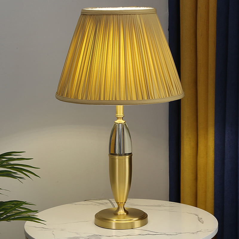 Cone Night Table Lighting Simplicity Fabric 1-Bulb Study Lamp in Yellow with Round Pedestal Yellow Clearhalo 'Lamps' 'Table Lamps' Lighting' 1502950