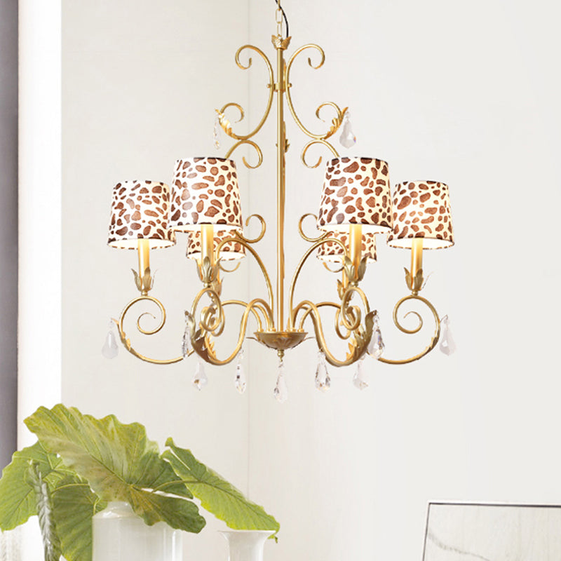 Conical with Zebra Print Design Chandelier Classic Fabric Shade 6/8/10 Heads Ceiling Pendant in Gold 6 Gold Clearhalo 'Ceiling Lights' 'Chandeliers' Lighting' options 1502981_9c4b9392-1be5-49f4-baae-76f0f0fe023a
