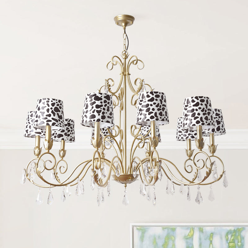 Conical with Zebra Print Design Chandelier Classic Fabric Shade 6/8/10 Heads Ceiling Pendant in Gold Clearhalo 'Ceiling Lights' 'Chandeliers' Lighting' options 1502992
