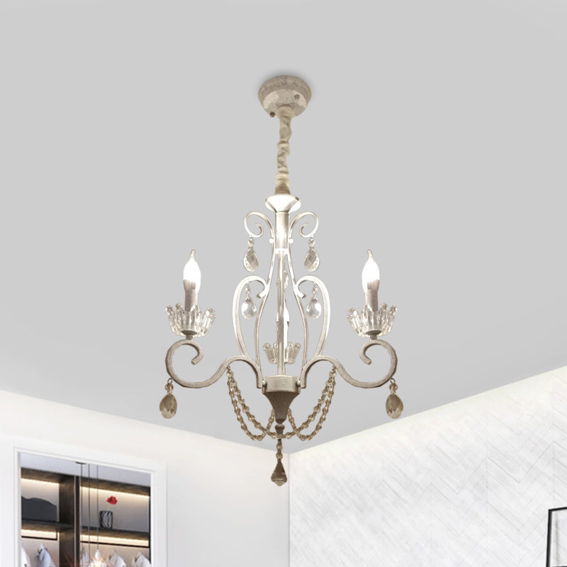 Classic Candlestick Ceiling Hang Fixture 3 Bulbs Clear Crystal Pendant Chandelier in White with Scroll Arm Clearhalo 'Ceiling Lights' 'Chandeliers' Lighting' options 1502995
