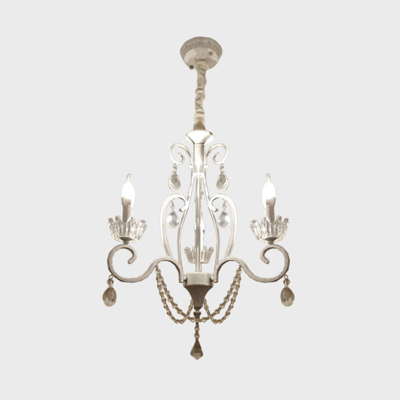 Classic Candlestick Ceiling Hang Fixture 3 Bulbs Clear Crystal Pendant Chandelier in White with Scroll Arm Clearhalo 'Ceiling Lights' 'Chandeliers' Lighting' options 1502996