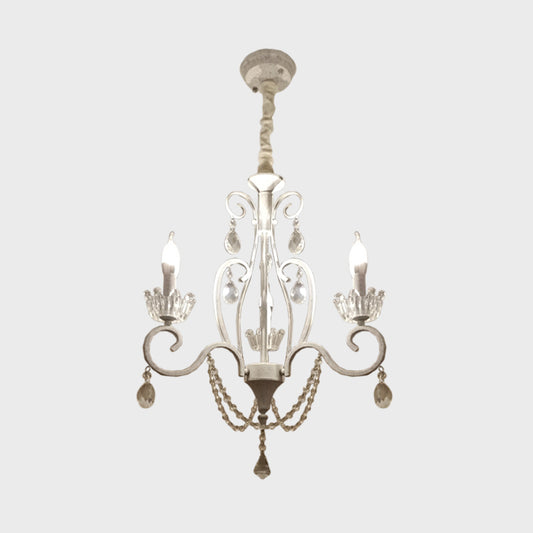 Classic Candlestick Ceiling Hang Fixture 3 Bulbs Clear Crystal Pendant Chandelier in White with Scroll Arm Clearhalo 'Ceiling Lights' 'Chandeliers' Lighting' options 1502996