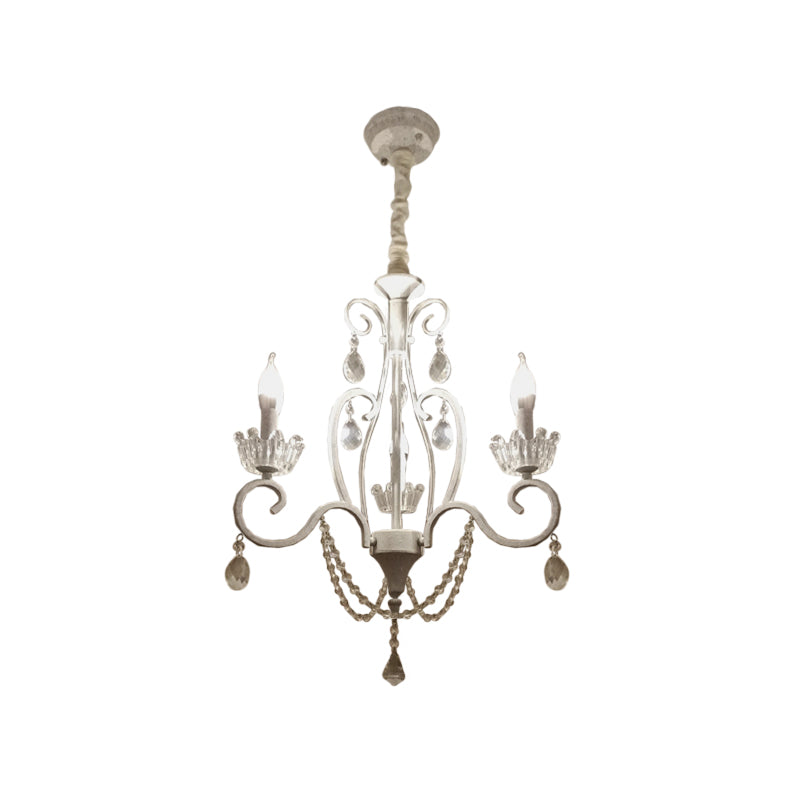 Classic Candlestick Ceiling Hang Fixture 3 Bulbs Clear Crystal Pendant Chandelier in White with Scroll Arm Clearhalo 'Ceiling Lights' 'Chandeliers' Lighting' options 1502997
