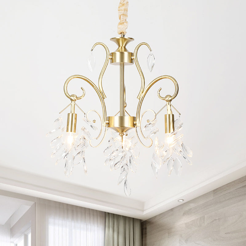 Vintage Teardrop Pendant Light Clear Cut Crystal 3-Head Chandelier Lighting Fixture in Gold Clearhalo 'Ceiling Lights' 'Chandeliers' Lighting' options 1503008