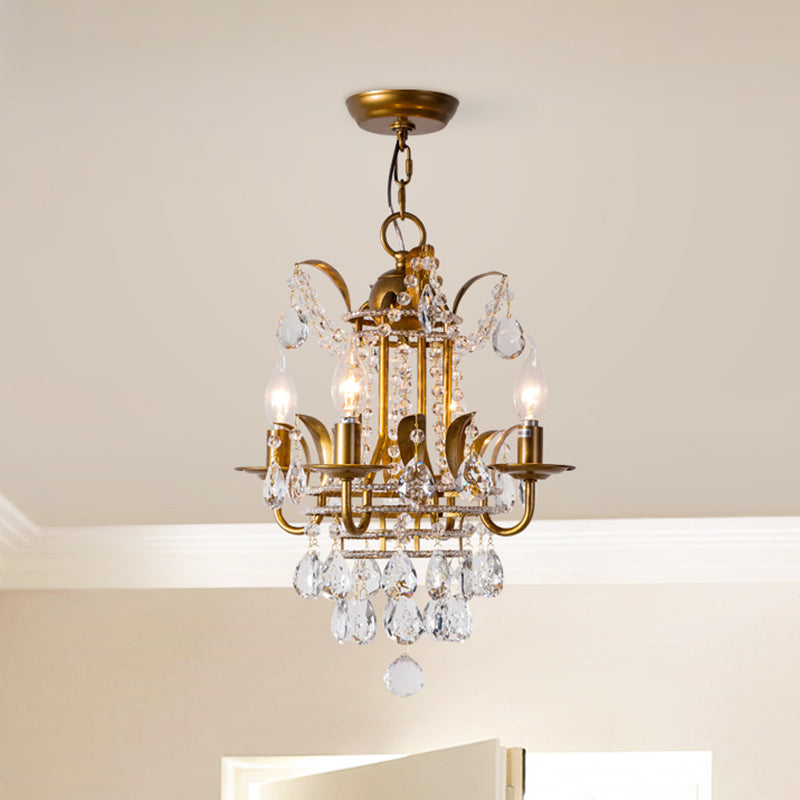 4 Lights Lantern Chandelier Lighting Classic Metal Ceiling Pendant in Gold with Beveled Crystal Droplet Clearhalo 'Ceiling Lights' 'Chandeliers' Lighting' options 1503025