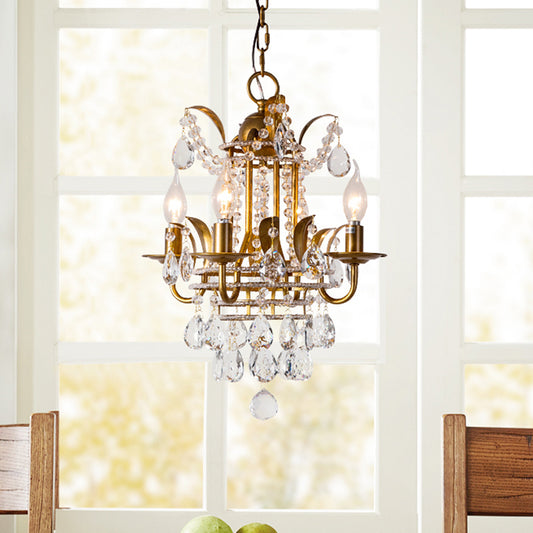 4 Lights Lantern Chandelier Lighting Classic Metal Ceiling Pendant in Gold with Beveled Crystal Droplet Clearhalo 'Ceiling Lights' 'Chandeliers' Lighting' options 1503026