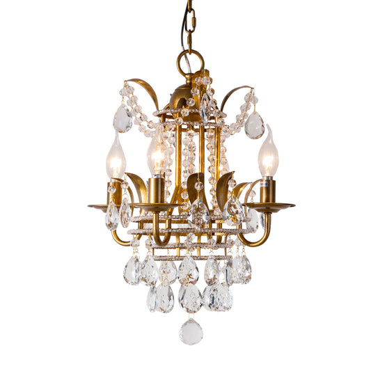 4 Lights Lantern Chandelier Lighting Classic Metal Ceiling Pendant in Gold with Beveled Crystal Droplet Clearhalo 'Ceiling Lights' 'Chandeliers' Lighting' options 1503027
