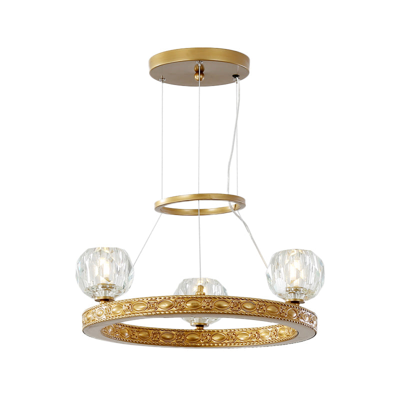Globe Parlor Suspended Lighting Fixture Modern Crystal Prisms 3-Head Gold Chandelier with Ring Design Clearhalo 'Ceiling Lights' 'Chandeliers' 'Modern Chandeliers' 'Modern' Lighting' 1503034