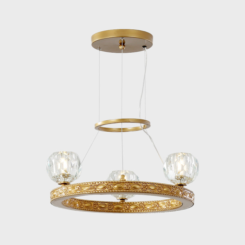 Globe Parlor Suspended Lighting Fixture Modern Crystal Prisms 3-Head Gold Chandelier with Ring Design Clearhalo 'Ceiling Lights' 'Chandeliers' 'Modern Chandeliers' 'Modern' Lighting' 1503035