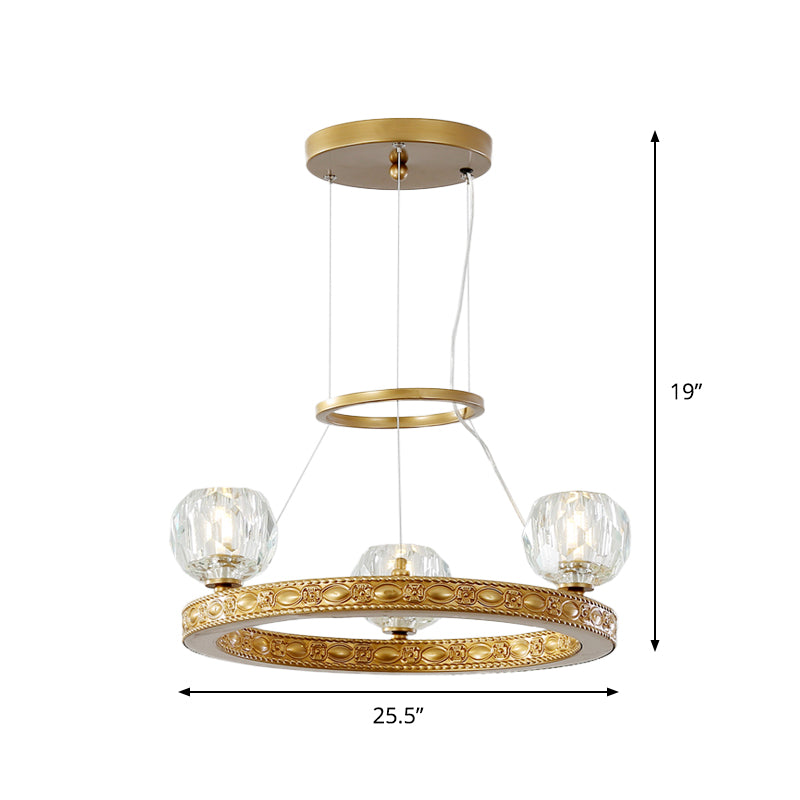 Globe Parlor Suspended Lighting Fixture Modern Crystal Prisms 3-Head Gold Chandelier with Ring Design Clearhalo 'Ceiling Lights' 'Chandeliers' 'Modern Chandeliers' 'Modern' Lighting' 1503036