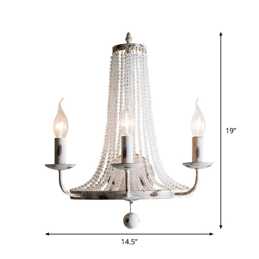 Distressed White 3 Heads Wall Sconce Classic Metal Candle Wall Mounted Light Fixture with Glass Strands Clearhalo 'Wall Lamps & Sconces' 'Wall Lights' Lighting' 1503044