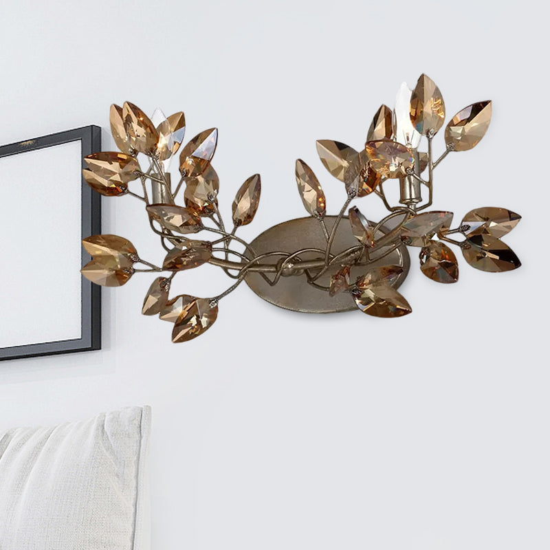 2 Bulbs Doorway Flush Wall Sconce Modern Coffee Wall Light with Vine Leaf Amber Crystal Shade Amber Clearhalo 'Modern wall lights' 'Modern' 'Wall Lamps & Sconces' 'Wall Lights' Lighting' 1503053