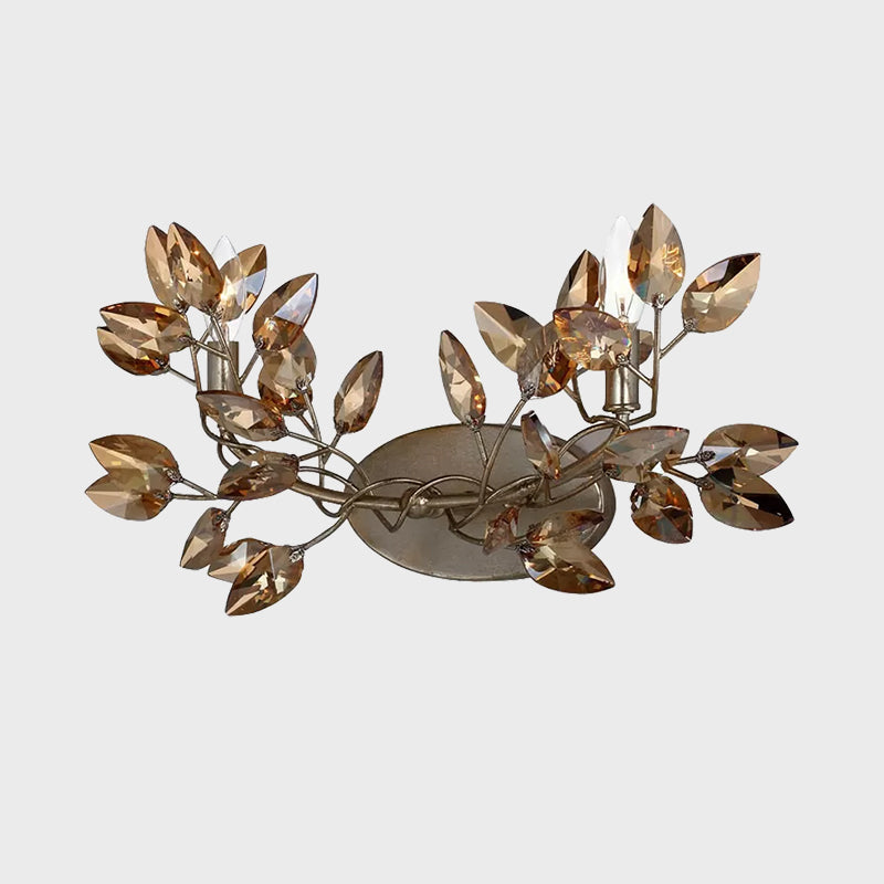 2 Bulbs Doorway Flush Wall Sconce Modern Coffee Wall Light with Vine Leaf Amber Crystal Shade Clearhalo 'Modern wall lights' 'Modern' 'Wall Lamps & Sconces' 'Wall Lights' Lighting' 1503054
