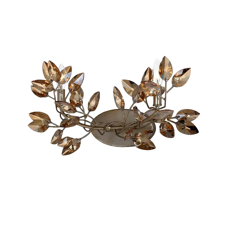 2 Bulbs Doorway Flush Wall Sconce Modern Coffee Wall Light with Vine Leaf Amber Crystal Shade Clearhalo 'Modern wall lights' 'Modern' 'Wall Lamps & Sconces' 'Wall Lights' Lighting' 1503055