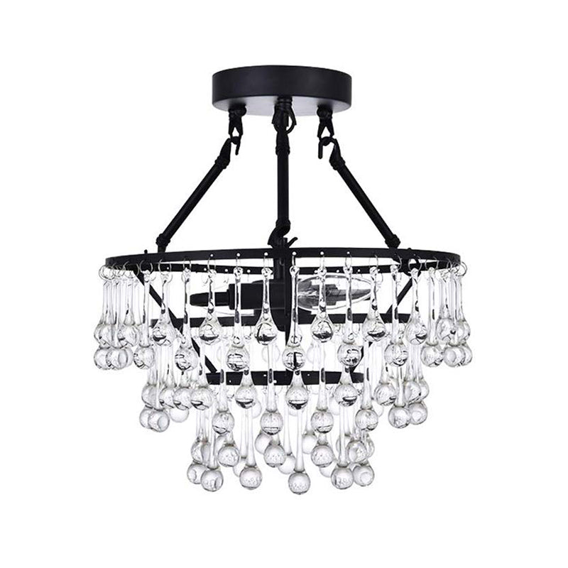 Contemporary 2 Lights Ceiling Fixture with Crystal Drip Shade Black 3-Tier Semi Flush Chandelier