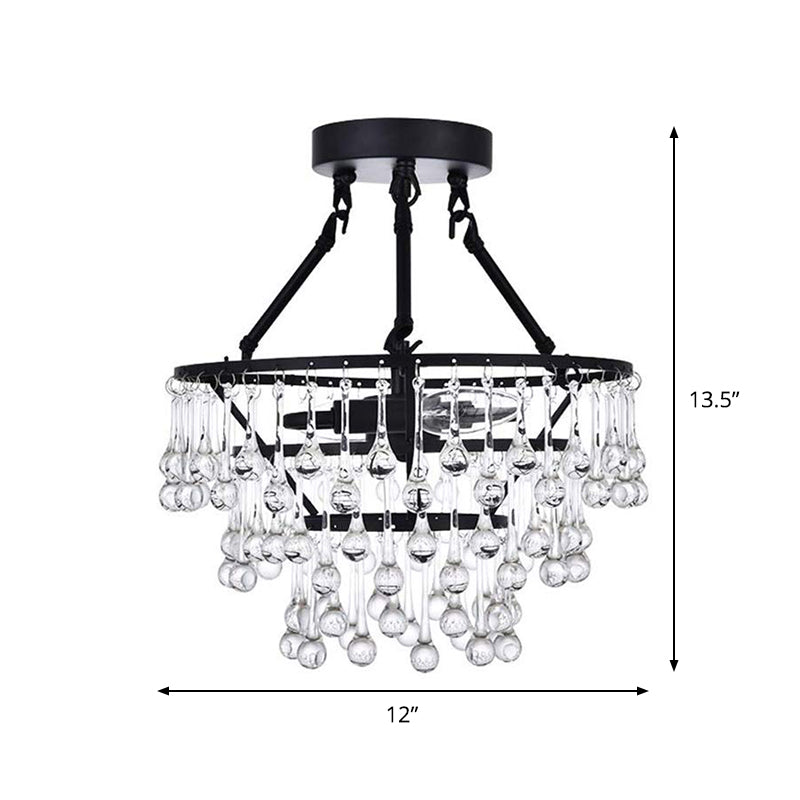 Contemporary 2 Lights Ceiling Fixture with Crystal Drip Shade Black 3-Tier Semi Flush Chandelier