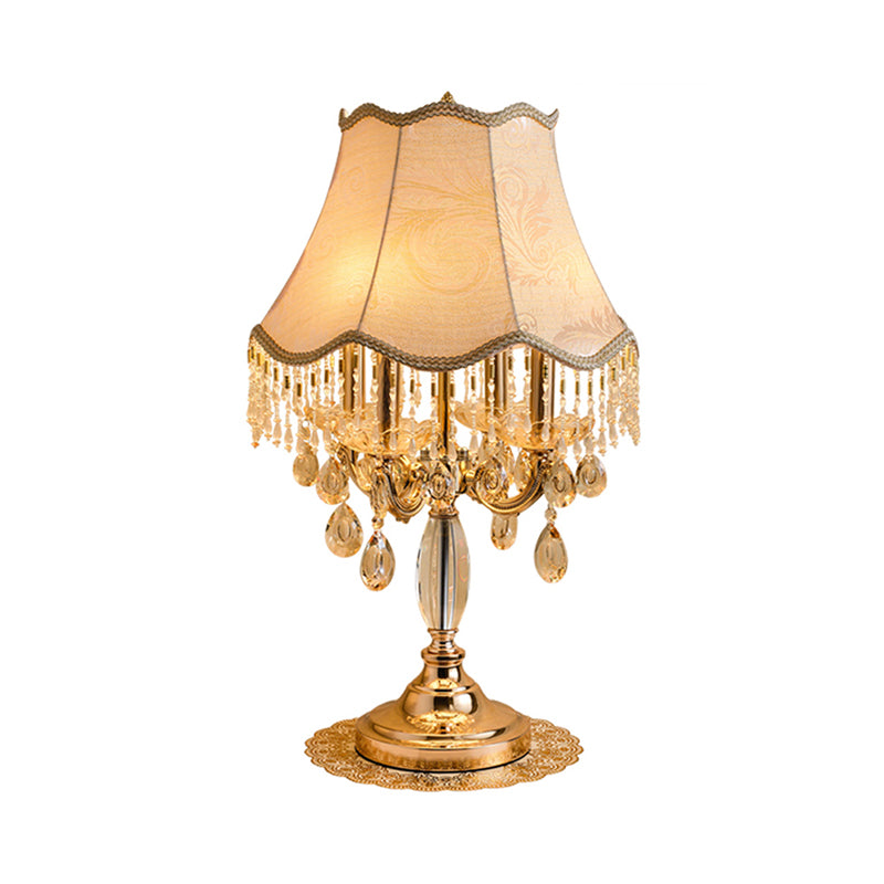 1 Bulb Night Lighting Traditional Flared Fabric Shade Table Light in Gold with Clear Crystal Draping Clearhalo 'Lamps' 'Table Lamps' Lighting' 1503129