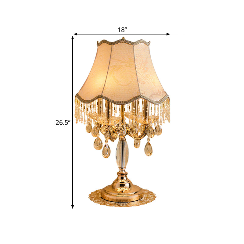 1 Bulb Night Lighting Traditional Flared Fabric Shade Table Light in Gold with Clear Crystal Draping Clearhalo 'Lamps' 'Table Lamps' Lighting' 1503130