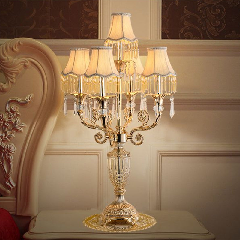 5 Bulbs Crystal Spears Table Light Traditional Gold Candlestick Parlor Nightstand Lamp with/without Fabric Bell Shade Clearhalo 'Lamps' 'Table Lamps' Lighting' 1503132