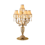 5 Bulbs Crystal Spears Table Light Traditional Gold Candlestick Parlor Nightstand Lamp with/without Fabric Bell Shade Clearhalo 'Lamps' 'Table Lamps' Lighting' 1503133